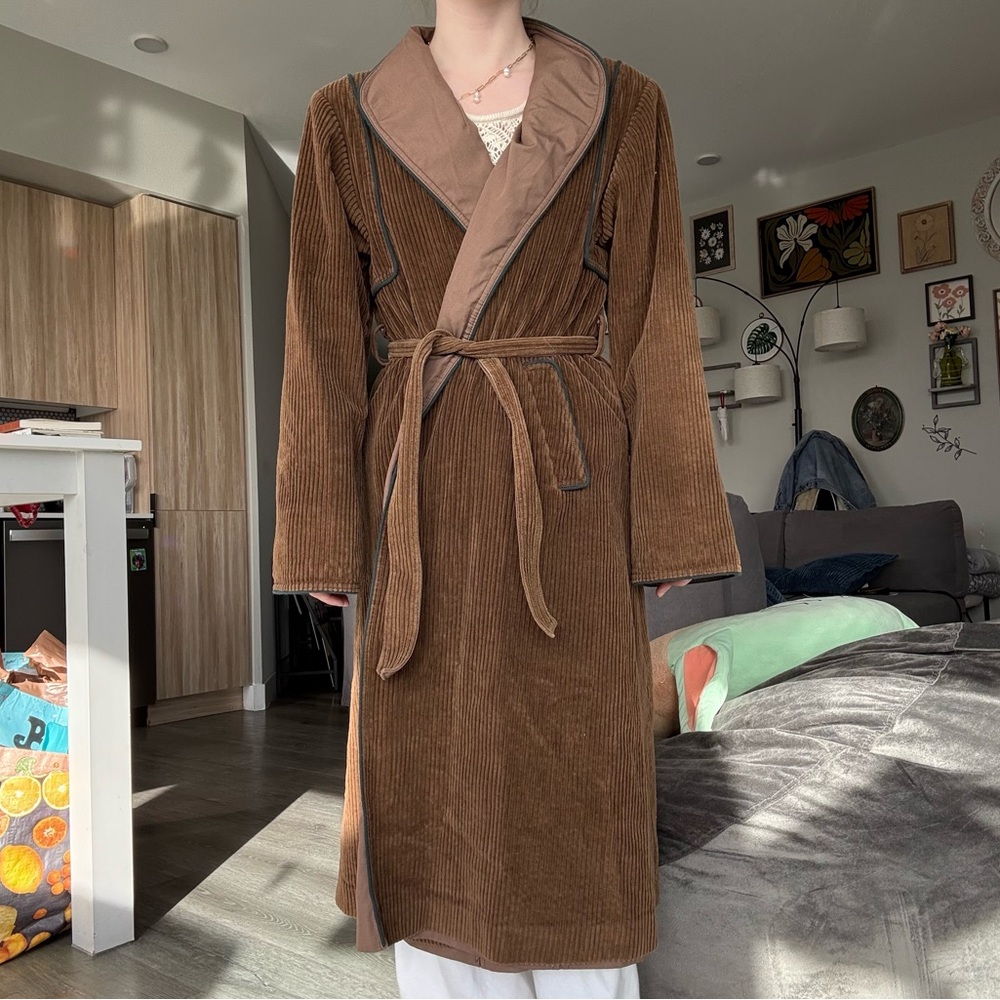 Vintage corduroy tie waist robe reversible collared neckline - Picture 2 of 6